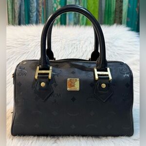 MCM Visetos Boston Bag Top Handle Black Monogram Coated Canvas Leather Trim VGUC